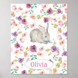 Poster Coelhinho de Bebê com nome Nursery Floral Watercol
