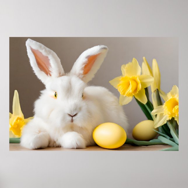 Poster Coelhinho de Páscoa com Daffodils e Ovos de Páscoa (Frente)