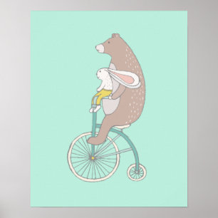 Póster Coelhinho e Urso Whimsical Andando de bicicleta