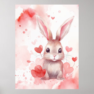 Poster Coelhinho Pastel Super Bonitos Corações Vermelhos