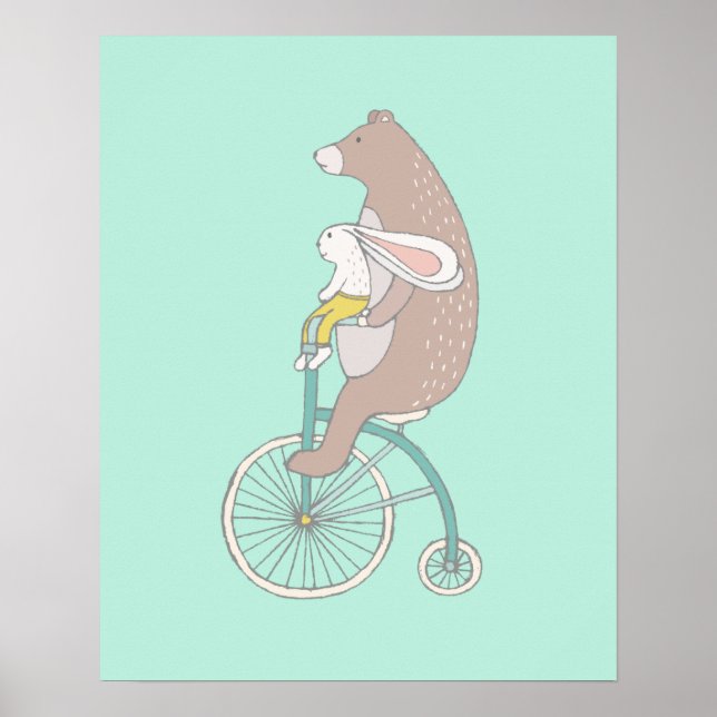 Póster Coelhinho Whimsical e Urso Andando de bicicleta (Frente)