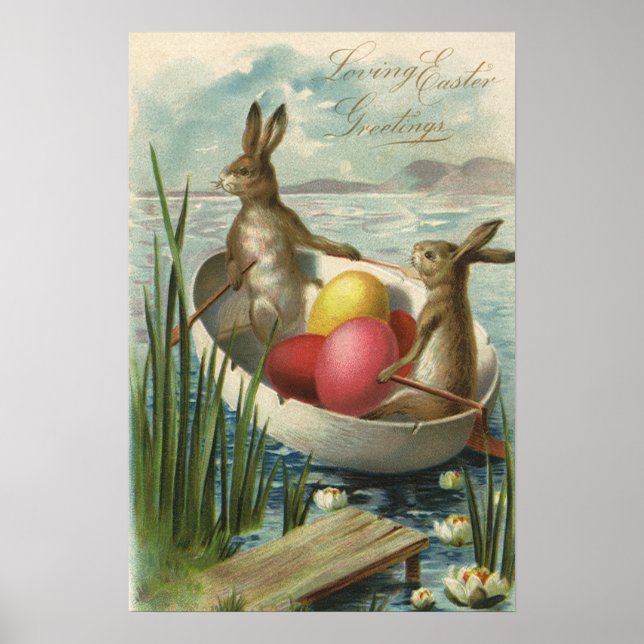 Póster Coelhinhos Antigos em Barco, Saudações de Páscoa C (Frente)