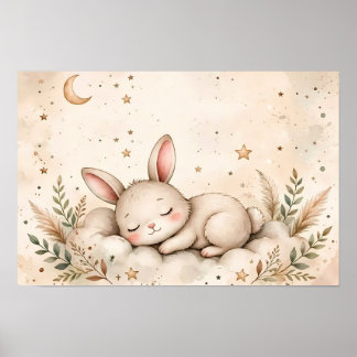 Poster Coelho Adormecido Fofo em Nuvem Arte de Parede - B