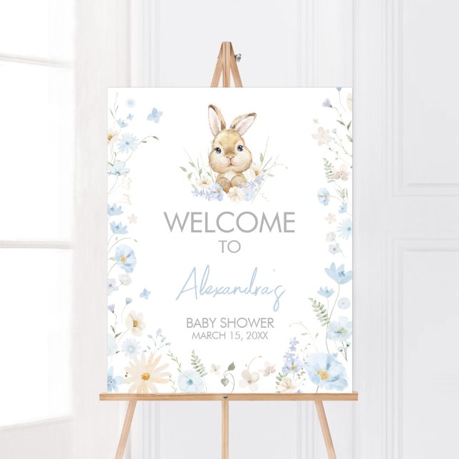 Poster Coelho Azul, Chá de fraldas Algures Bem-Vindo (Blue Somebunny Rabbit Baby Shower Welcome Sign)