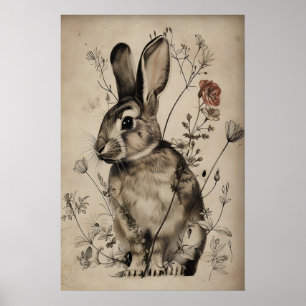 Poster Coelho Boho Floral Impressão, Lebre Rústica