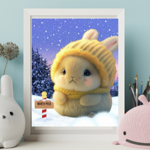 Poster Coelho bonito com chapéu amarelo e cachecol na nev