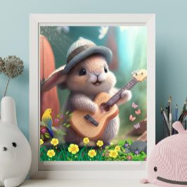 Poster Coelho Bonito Tocando Violão no Jardim das Flores