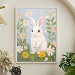 Poster Coelho Branco em Flores de Primavera