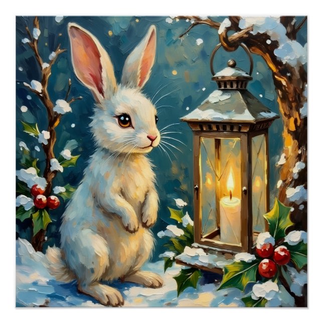 Póster Coelho Branco Vintage com Lanterna de Natal (Frente)