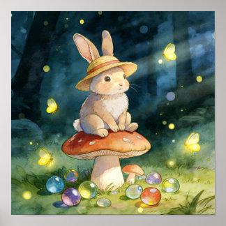 Poster Coelho Caprichoso Fofo em Cogumelo Floresta Mágica
