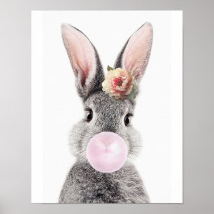 Poster Coelho cinza soprando flor de anêmona de chiclete