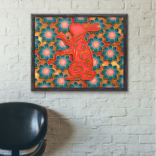 Poster Coelho Cortado de Papel Azul Vermelho Dourado Chin