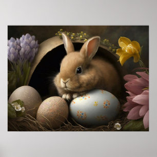 Poster Coelho da Páscoa com Ovos Pastéis e Flores de Prim