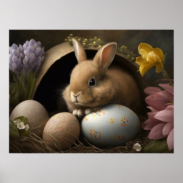 Poster Coelho da Páscoa com Ovos Pastéis e Flores de Prim (Frente)