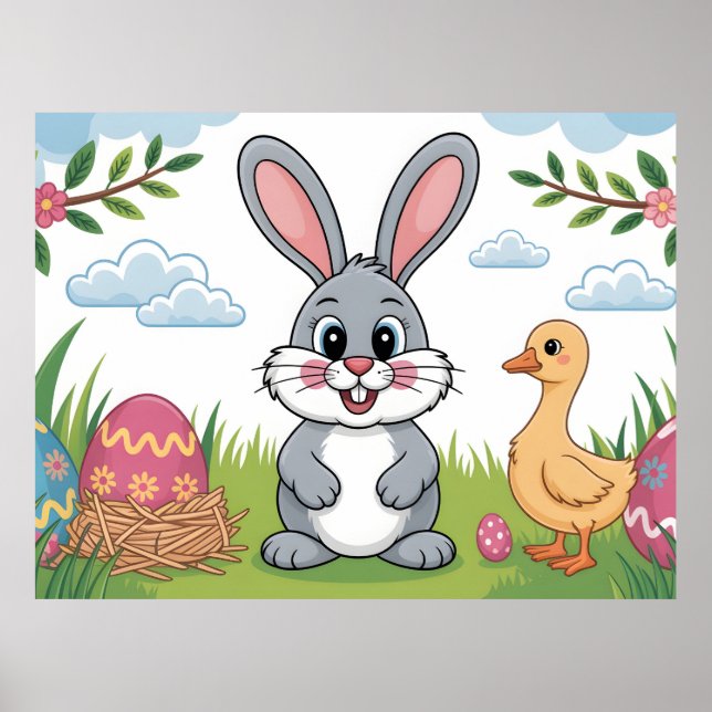 Poster Coelho da Páscoa e Patinho em Prado de Primavera (Frente)