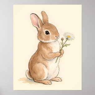 Poster Coelho de Aquarela Doce Segurando Flor de Margarid