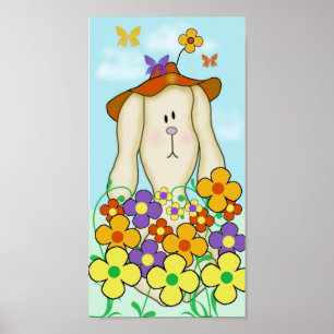 Póster Coelho de desenho animado com flores