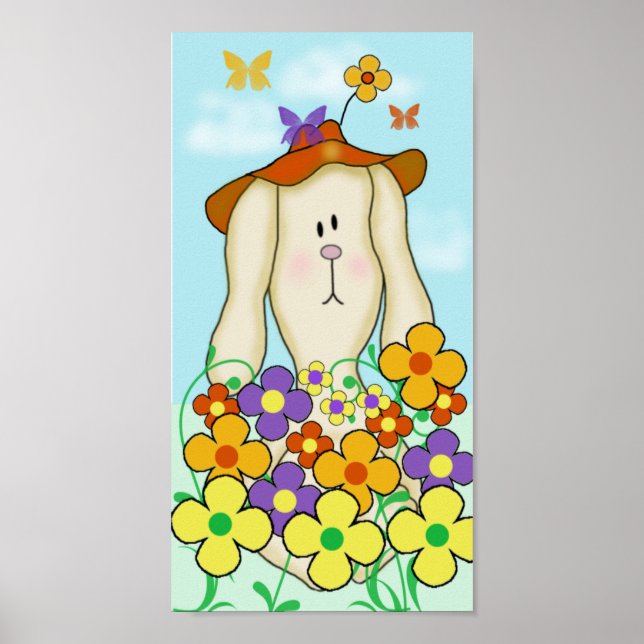 Póster Coelho de desenho animado com flores (Frente)