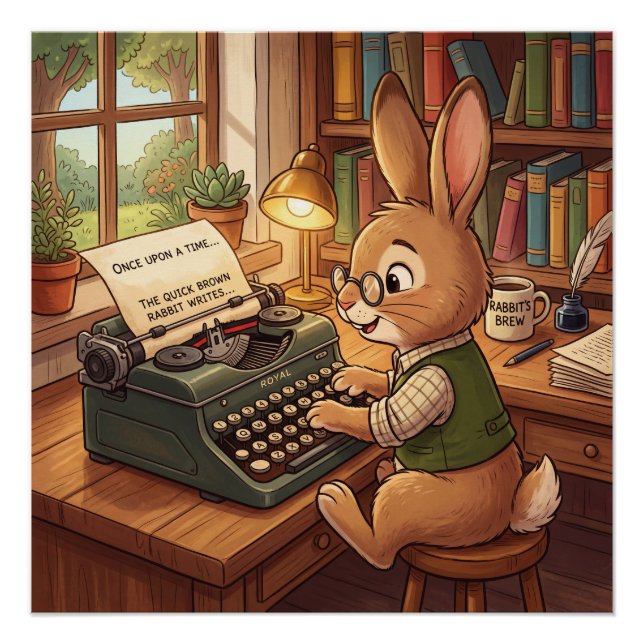 Póster Coelho de desenho animado digitando em uma máquina (Frente)