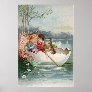 Poster Coelho de Ovo de Páscoa Barco Jovem Casal Paisagem