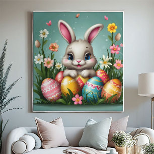 Poster Coelho de Páscoa Adorável Ovos Coloridos Flor de P