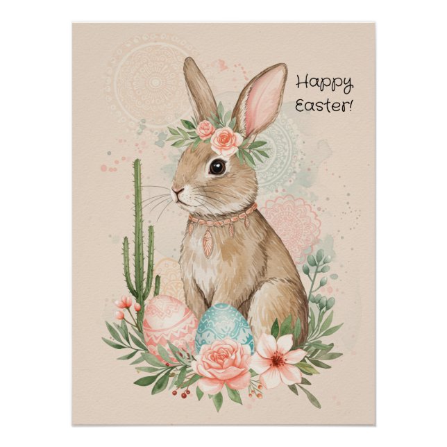 Póster Coelho de Páscoa Boho Imprimível Fantasia Pastel (Frente)