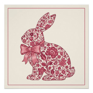 Póster Coelho de Páscoa em Chinoiserie Rosa e Creme