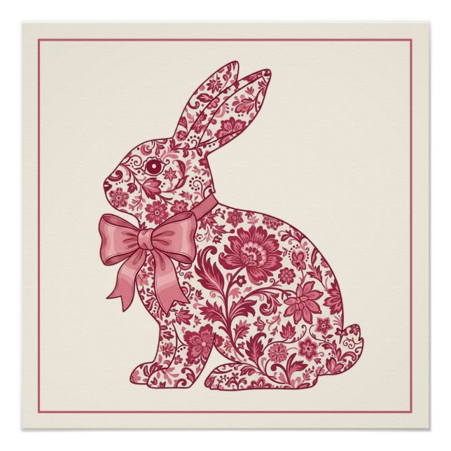 Póster Coelho de Páscoa em Chinoiserie Rosa e Creme (Frente)