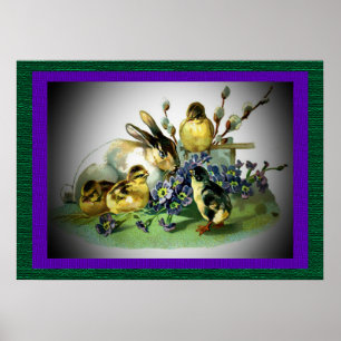 Póster Coelho de Páscoa, Pintinhos e flores para bebês, Z