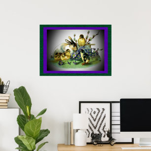 Póster Coelho de Páscoa Vintage, Frangos e Flores, ZSSG