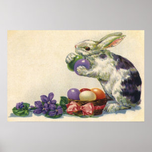 Póster Coelho de Páscoa Vitoriano Antigo, Ovos e Flores