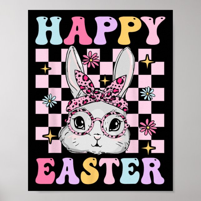 Poster Coelho Feliz Páscoa Groovy Retrô Xadrez Para Mulhe (Frente)