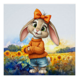Póster Coelho feminino campo de girassóis 