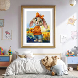 Póster Coelho feminino campo de girassóis