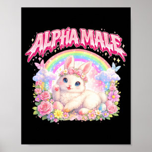 Poster Coelho Fofo Arco-Íris Floral Divertido para Homens