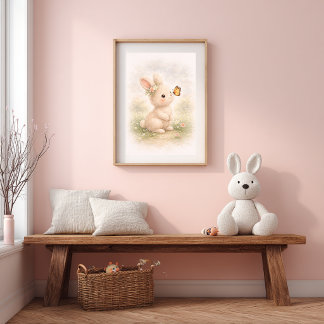 Poster Coelho Fofo Com Borboleta Sala Infantil Neutra