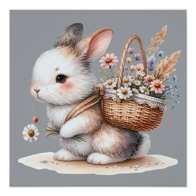 Póster Coelho Fofo com Flores Arte em Aquarela (Frente)