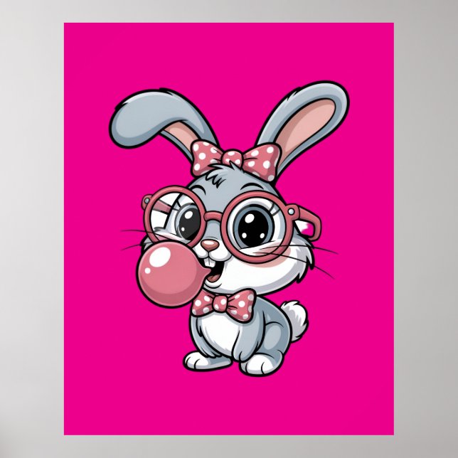 Poster Coelho Fofo com Óculos Soprando Chiclete (Frente)