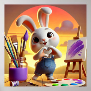 Poster Coelho Fofo com Suprimentos de Pintura ao Pôr do S