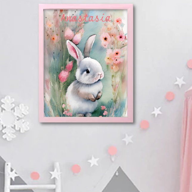 Poster Coelho Fofo de Páscoa Aquarela Pastel Flores da Pr (Criador carregado)