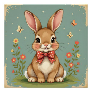 Póster Coelho marrom fofo e adorável com gravata borbolet