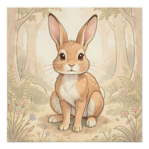 Póster Coelho marrom fofo em uma floresta