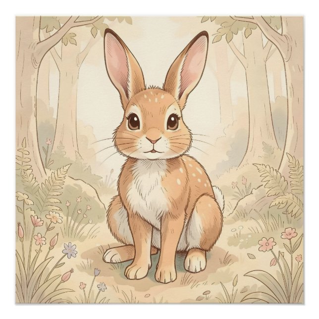 Póster Coelho marrom fofo em uma floresta (Frente)