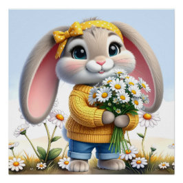 Póster Coelho orelhas rosa margaridas brancas