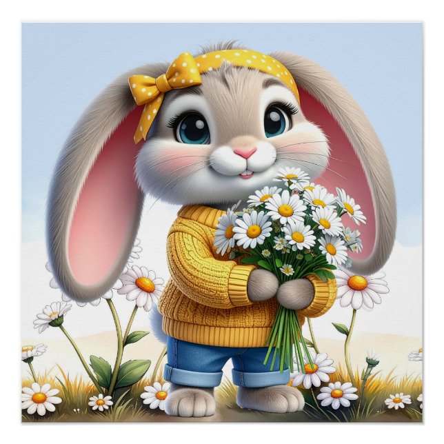 Póster Coelho orelhas rosa margaridas brancas (Frente)
