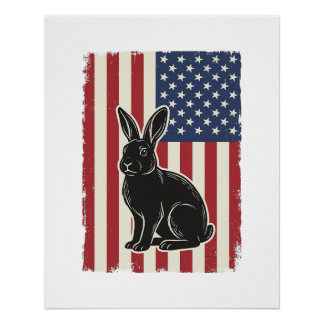 Póster Coelho Patriótico Bandeira Americana Gravura Vinta