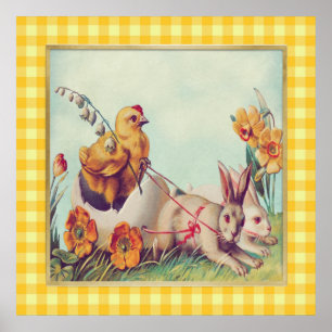 Poster Coelho & Pintinho de Páscoa Vintage em Xadrez de B