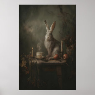 Poster Coelho Vintage Com Fruta, Vela e Cálice Em