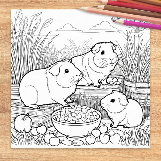 Poster Coelhos da Guiné Animais de Estimação Fofos para C (A cute picture to color, featuring three guinea pigs with their food)