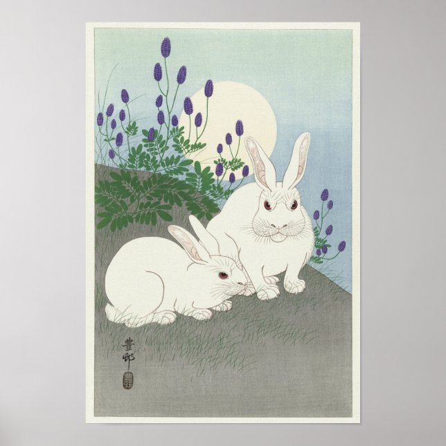 Poster Coelhos da Lua Cheia por Ohara Koson (Frente)